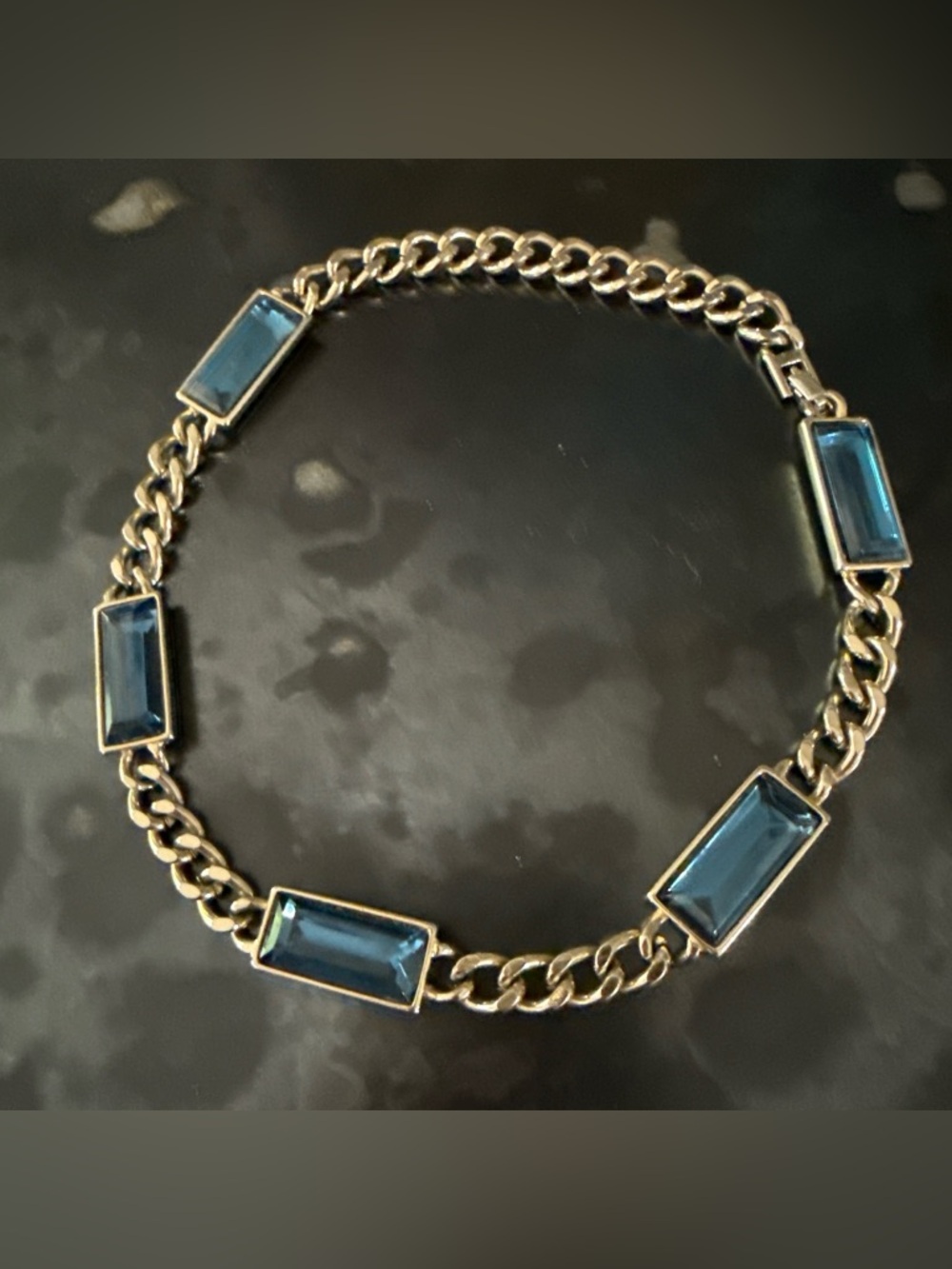 Gold-Tone Chain Heavy Link 16” Choker w/ Rectangular Glass Marine Blue Stones